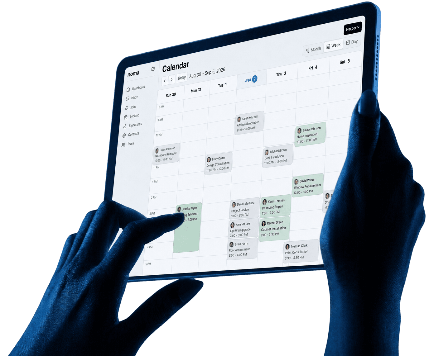 A person using the Noma calendar on a tablet