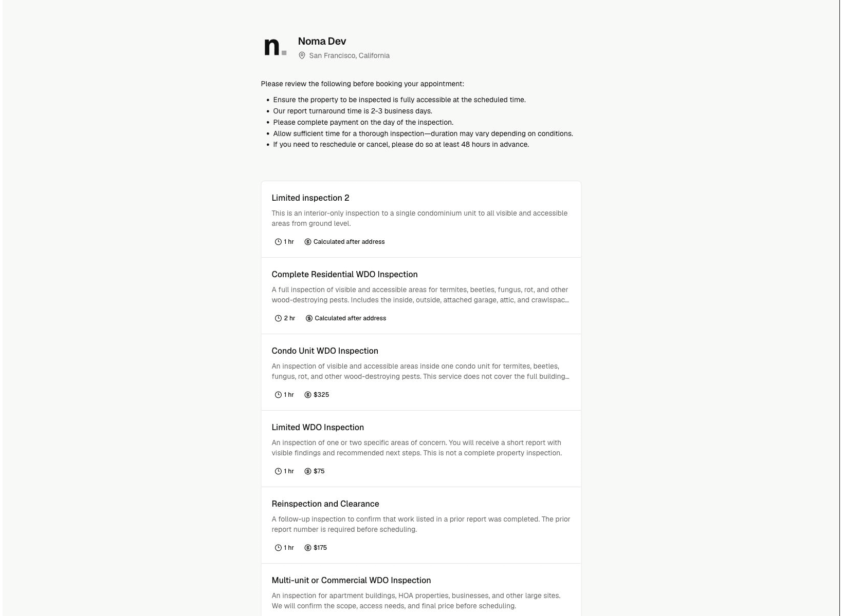 Noma public booking page with inspection services