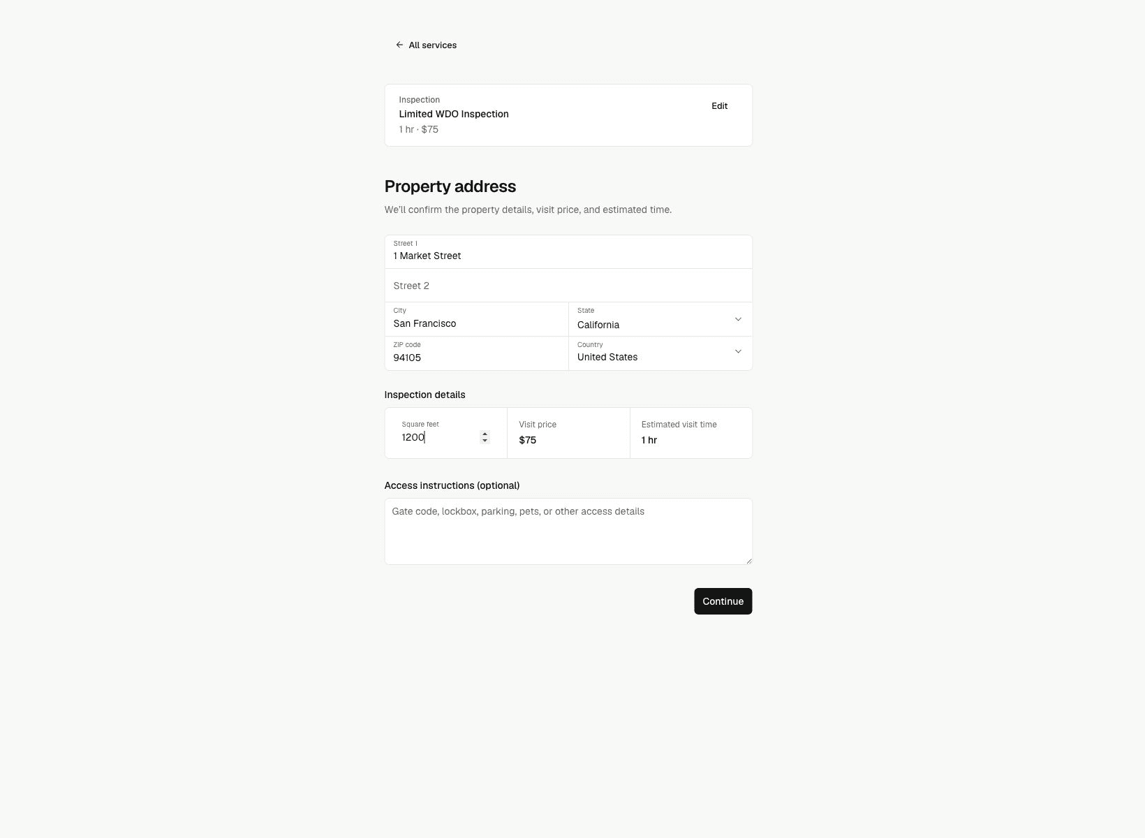 Noma property address form with a completed address