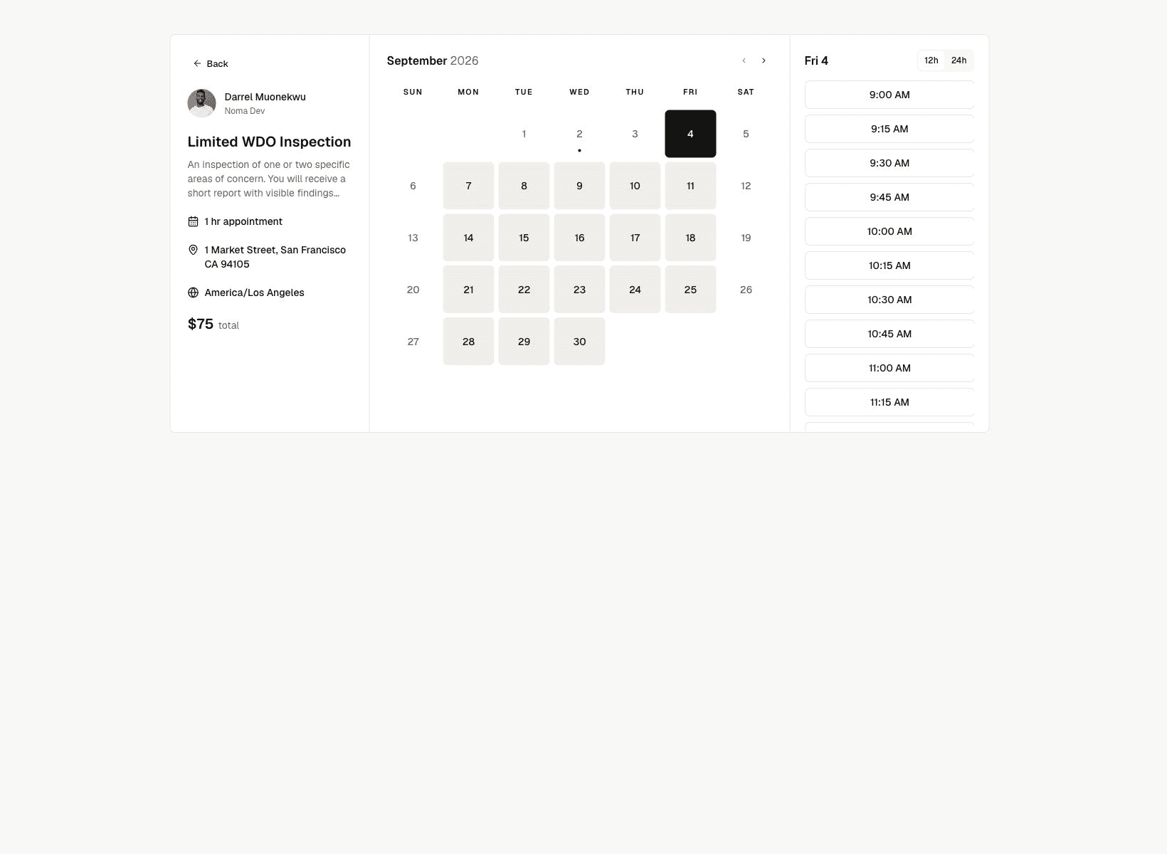 Noma appointment calendar with available inspection times