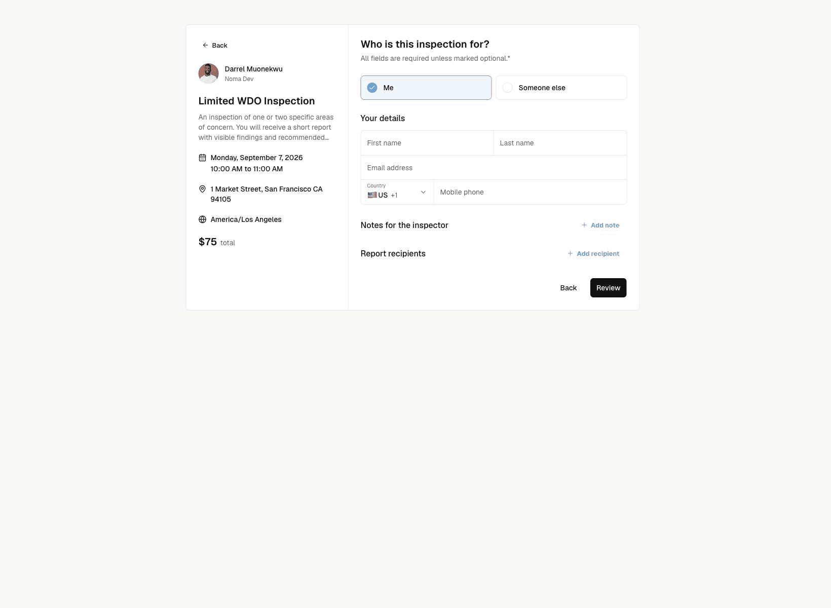 Noma customer details form before contact details are entered