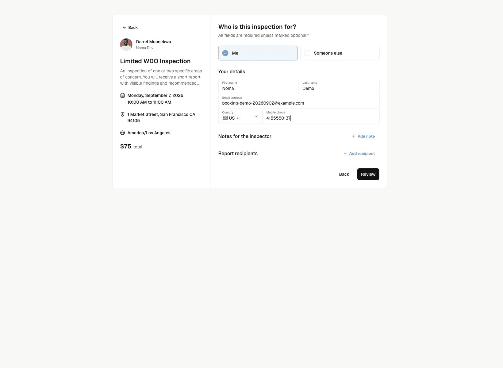 Noma customer details form with completed contact details