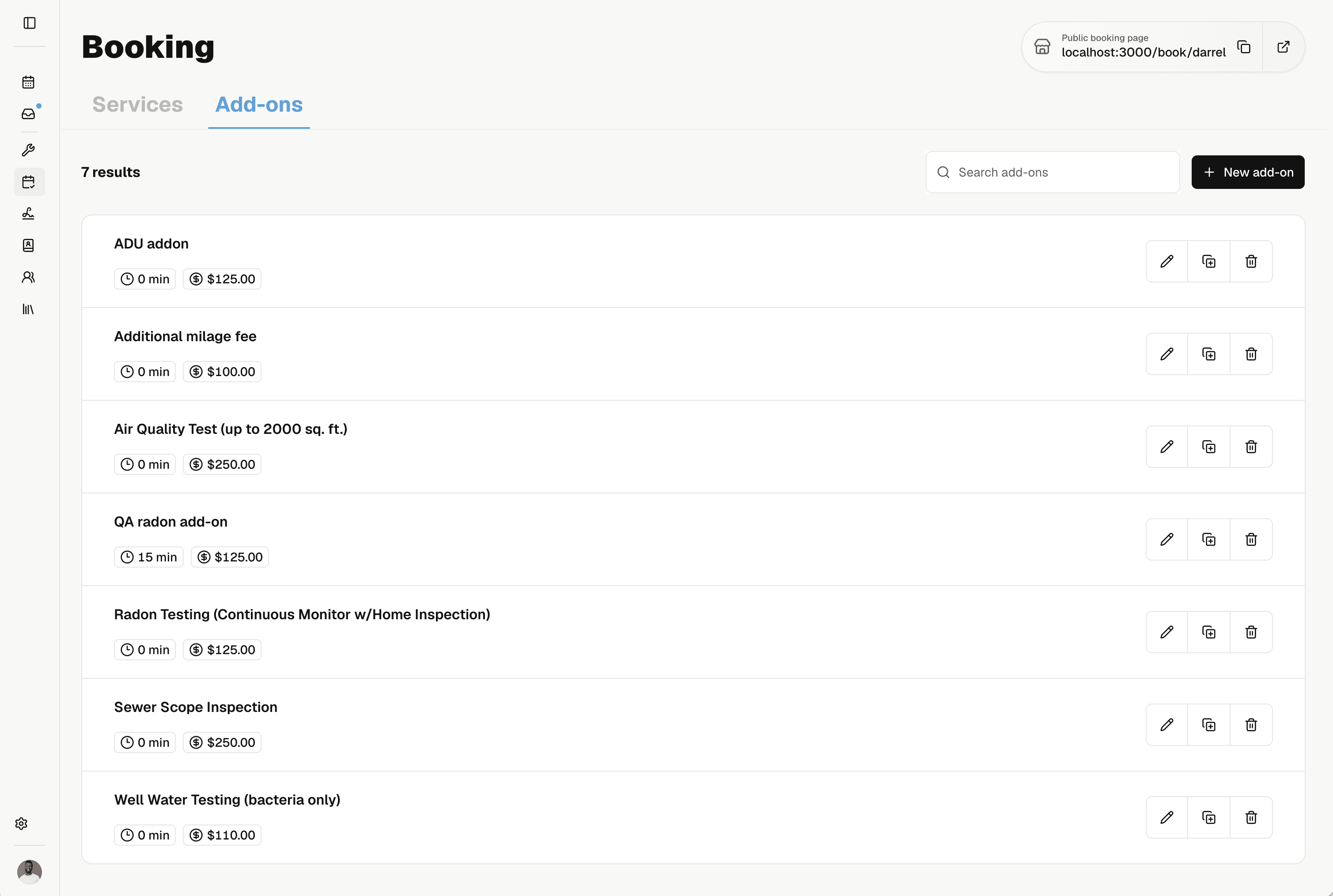 Bookable inspection add-ons with prices and added visit time