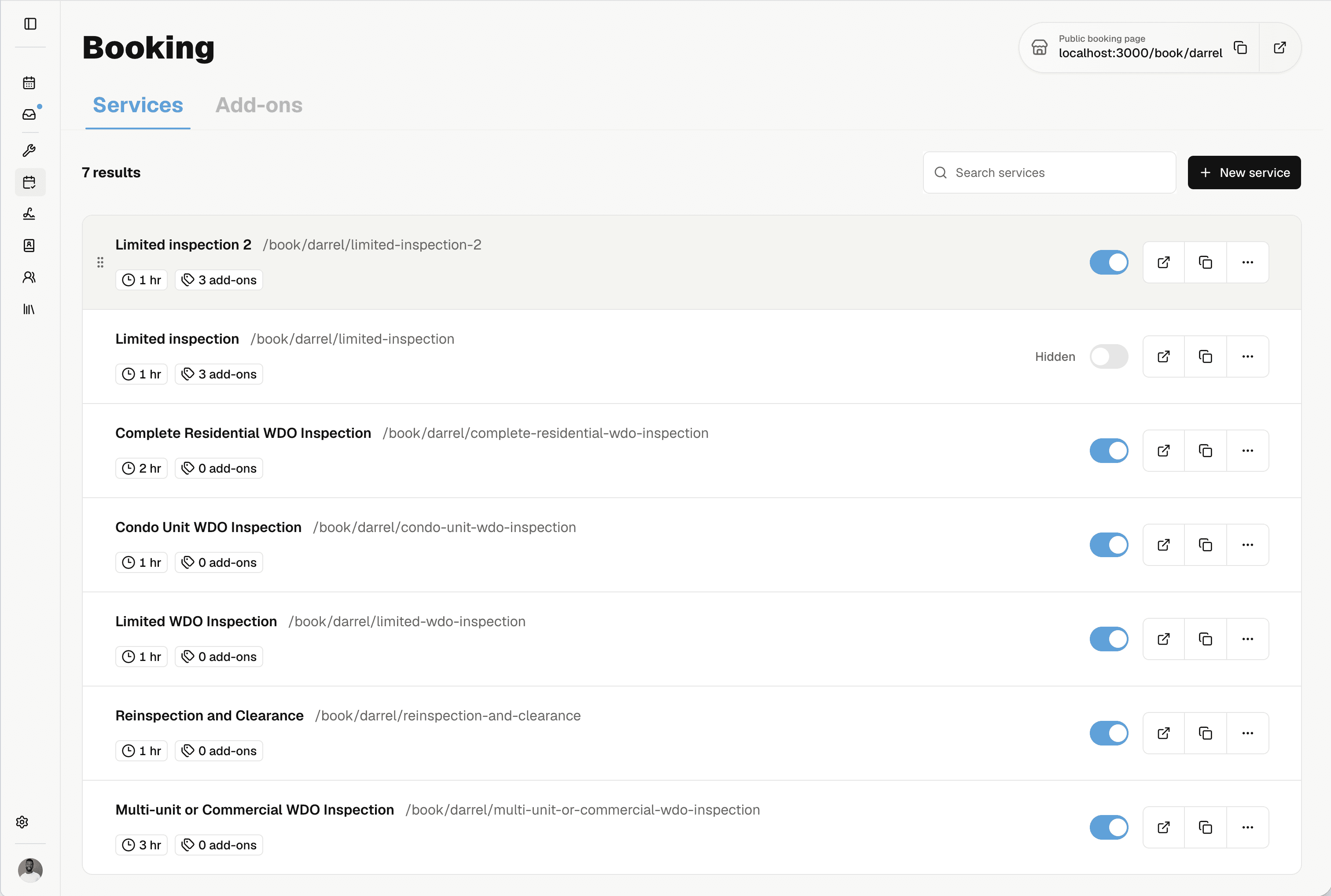 Inspection services with visit lengths and public booking visibility controls