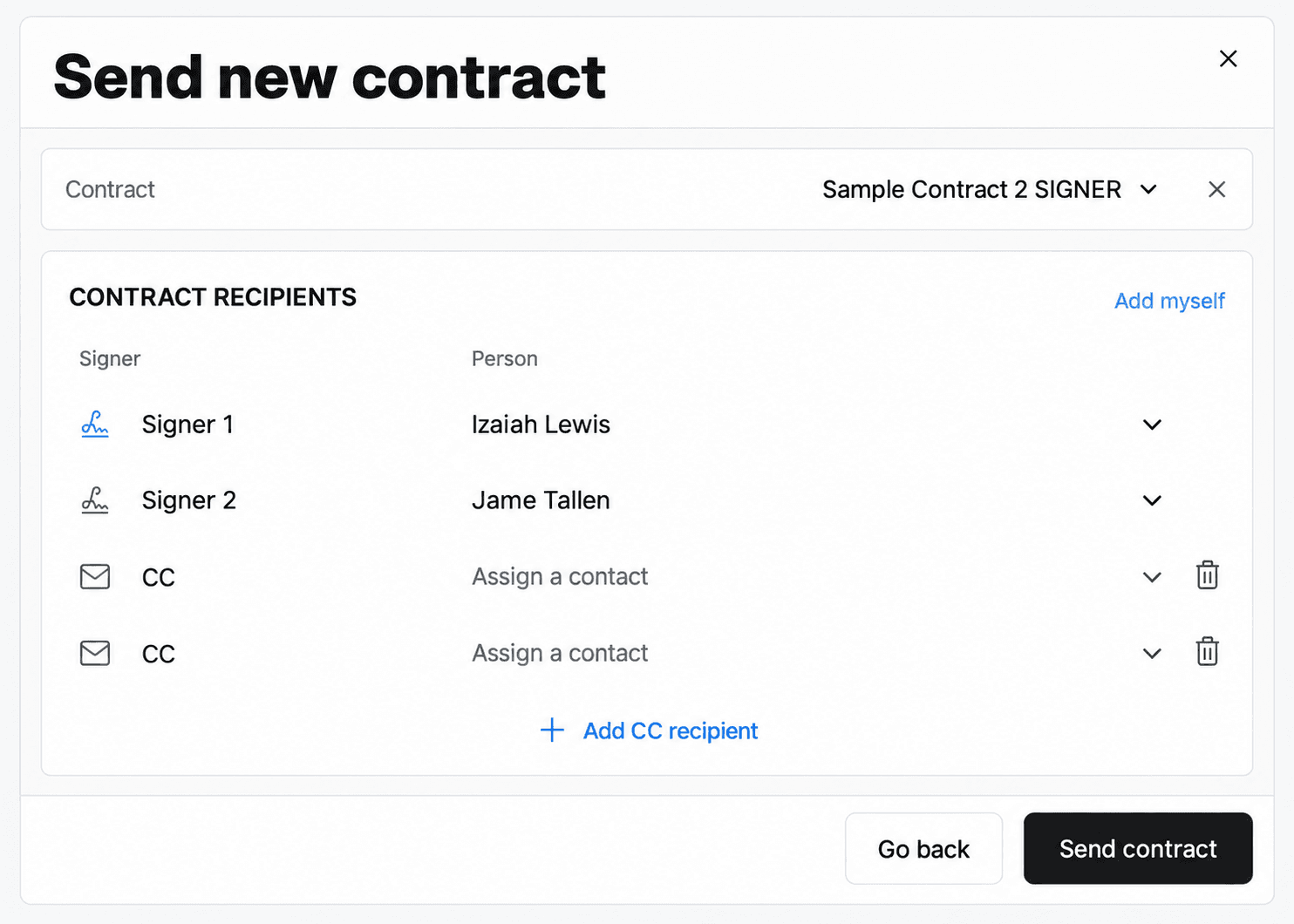 Send contract dialog with separate fields for signers and copy recipients