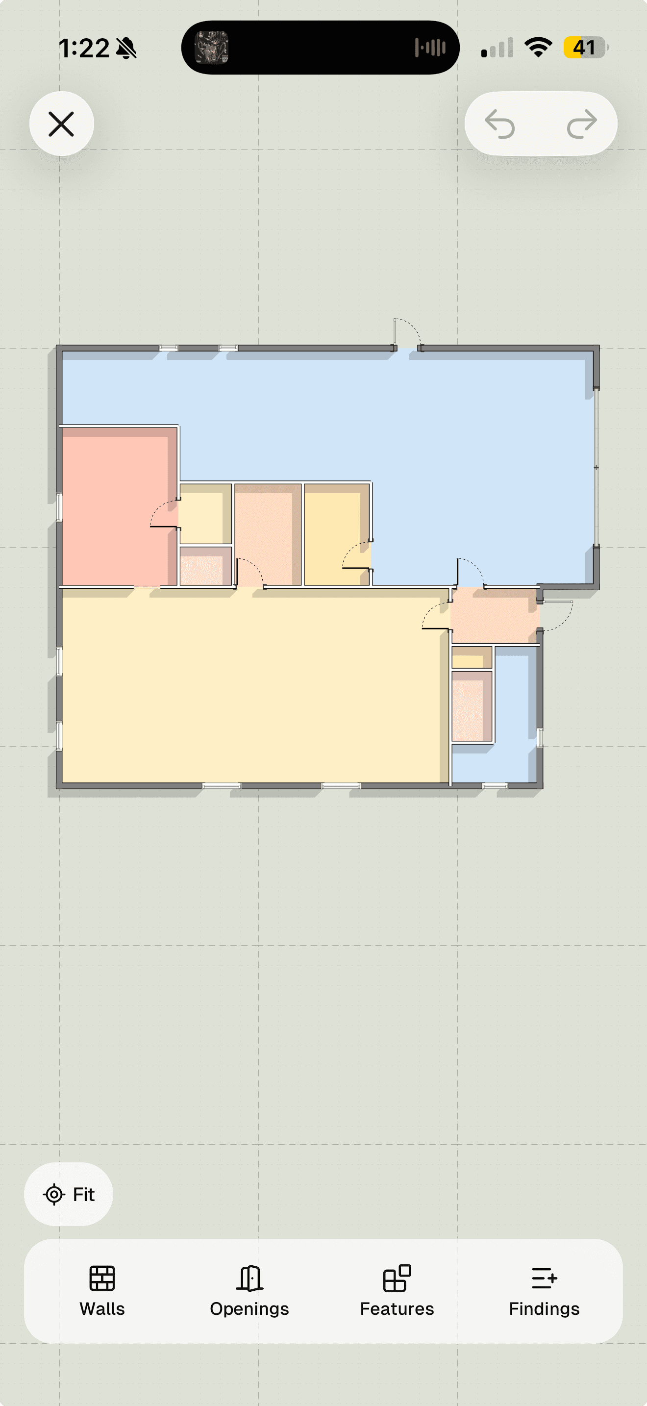 Noma mobile diagram editor showing a floor plan with colored rooms, walls, doors, and windows