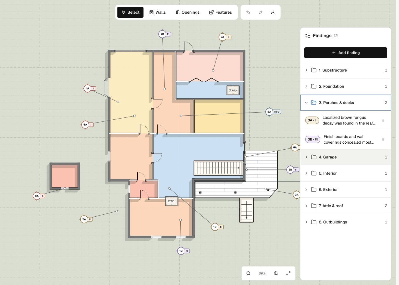 Noma diagram showing a detailed front porch, access points, and inspection findings