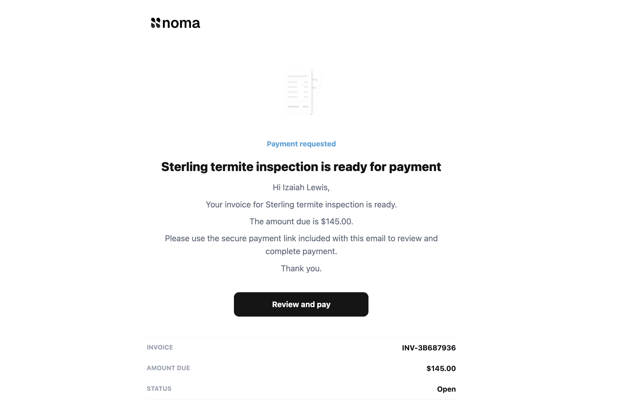 Noma invoice email with the amount due and a secure payment button