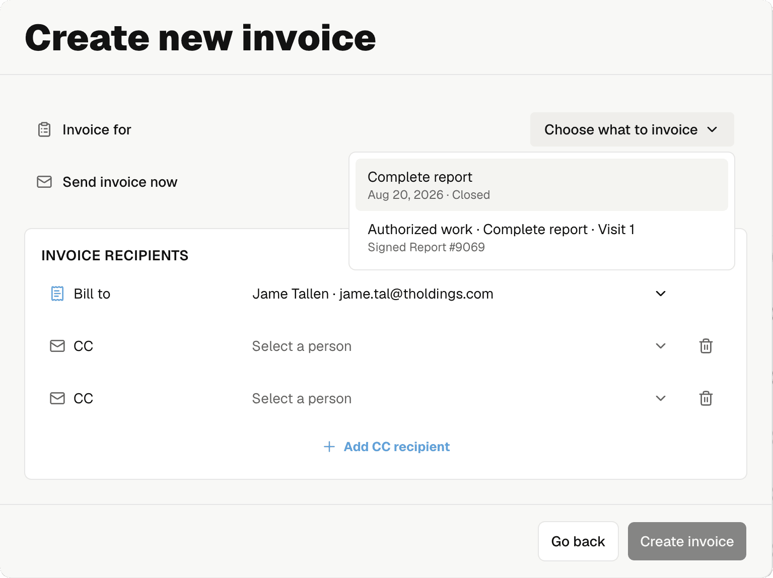 Noma dialog for creating an invoice and choosing what to bill