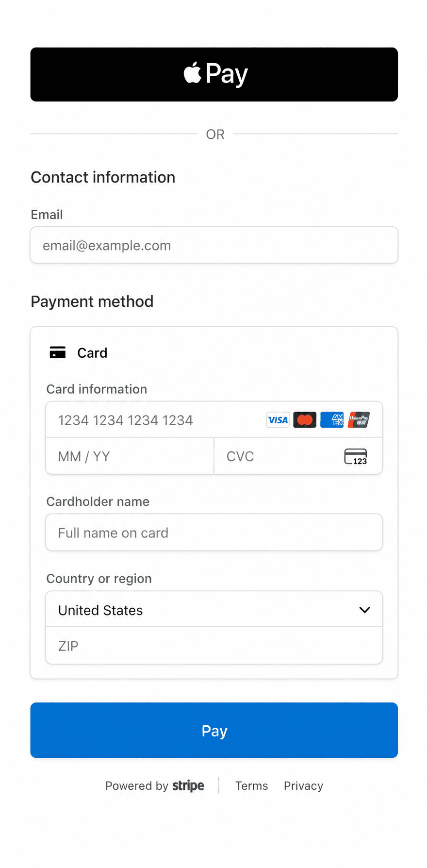 Stripe checkout with Apple Pay and secure card payment fields