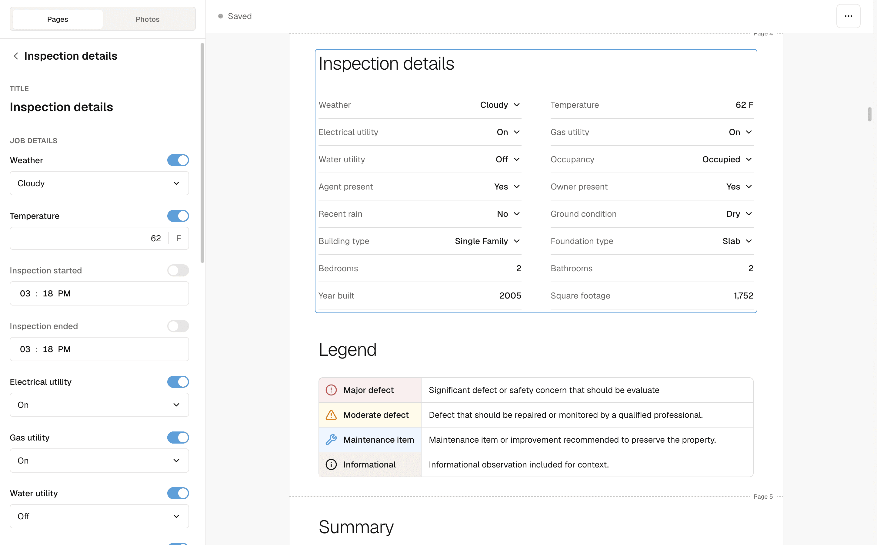 Inspection details with field toggles beside the report page