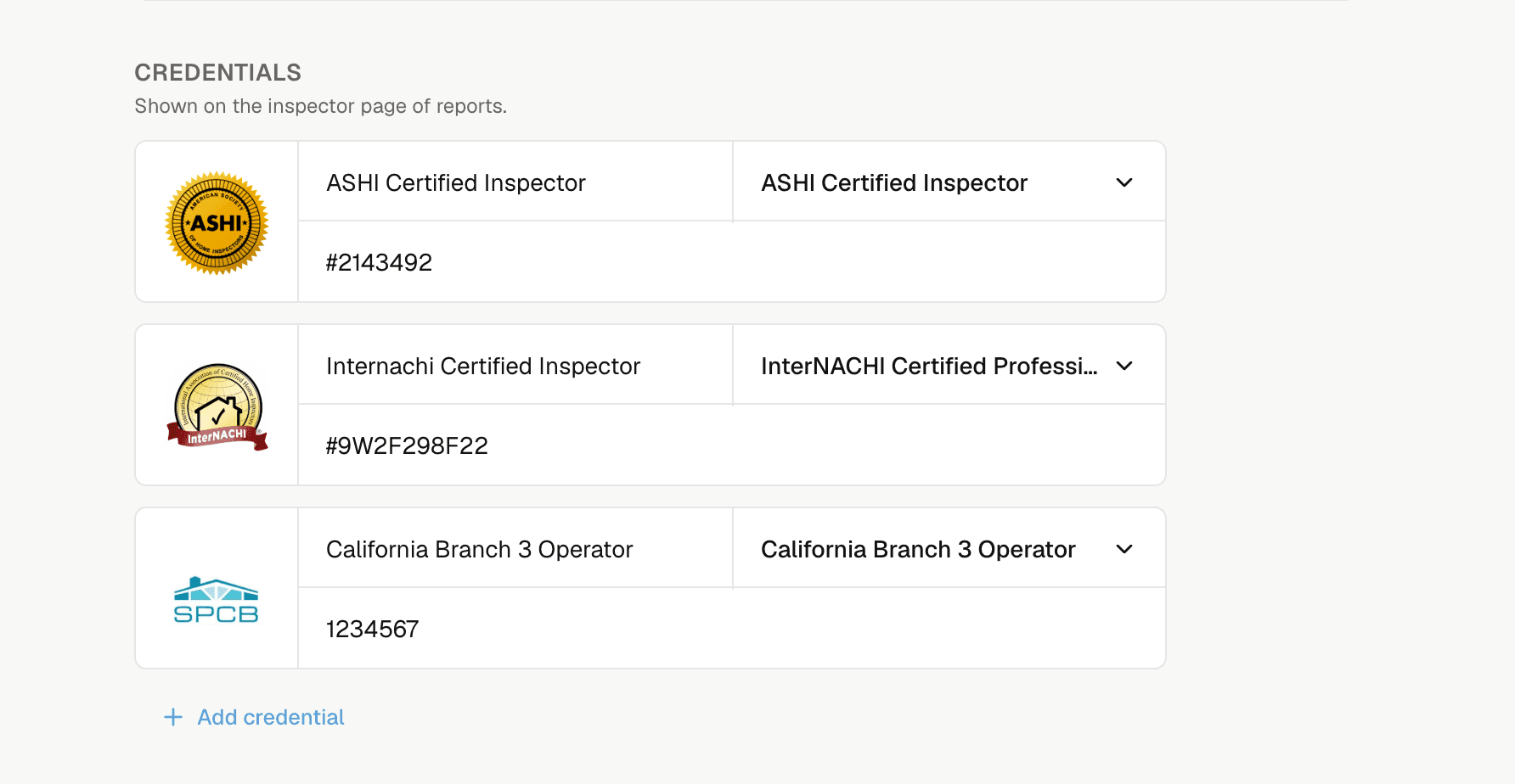 Saved inspector credentials with certification logos and license numbers