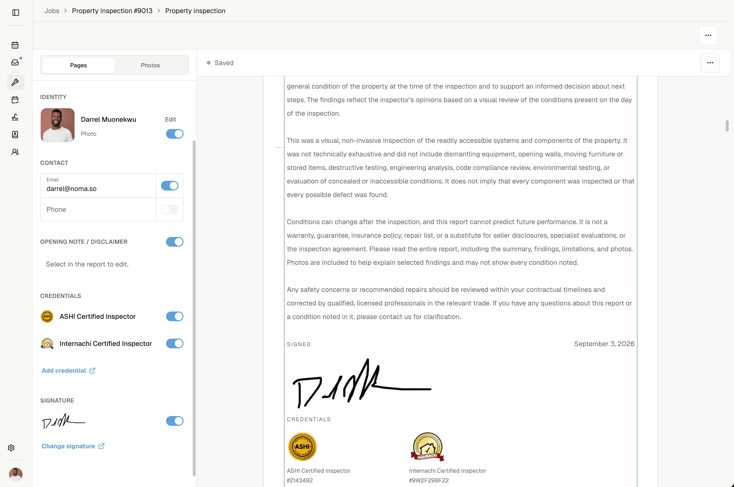 Inspector credentials and signature controls beside the report
