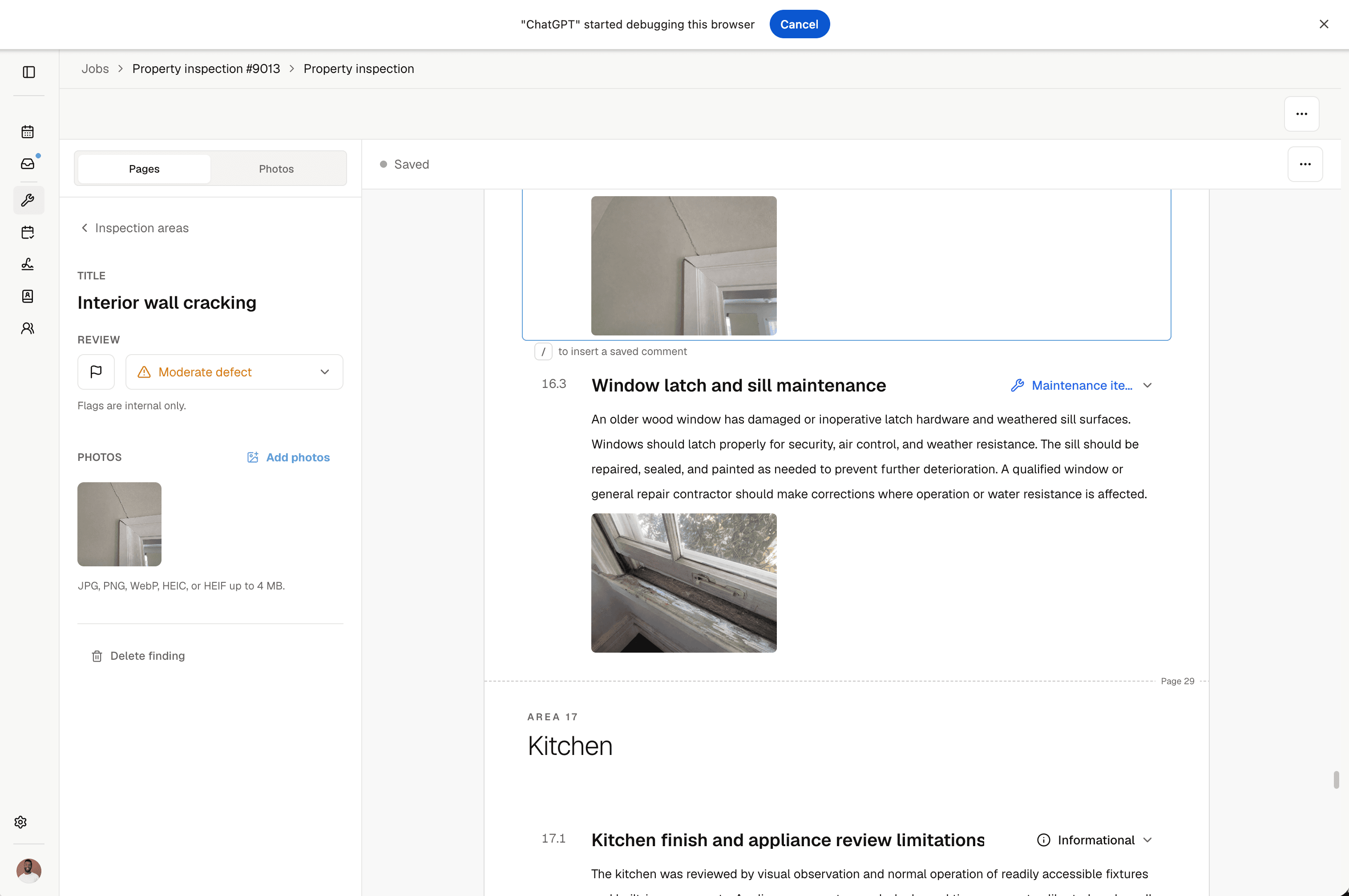 Editing a finding with its rating and photos in the report