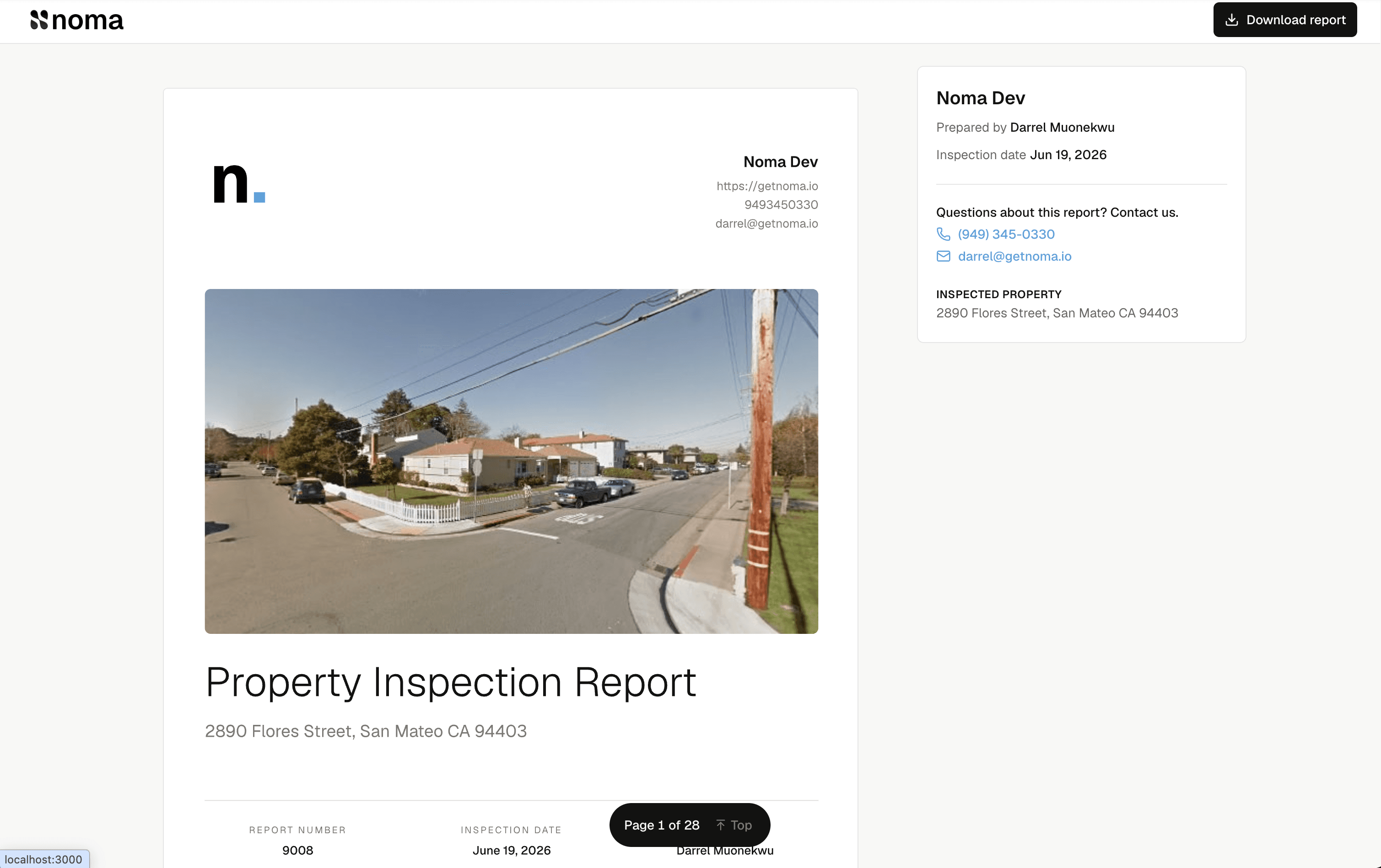 A property inspection report with a download button and inspector contact details