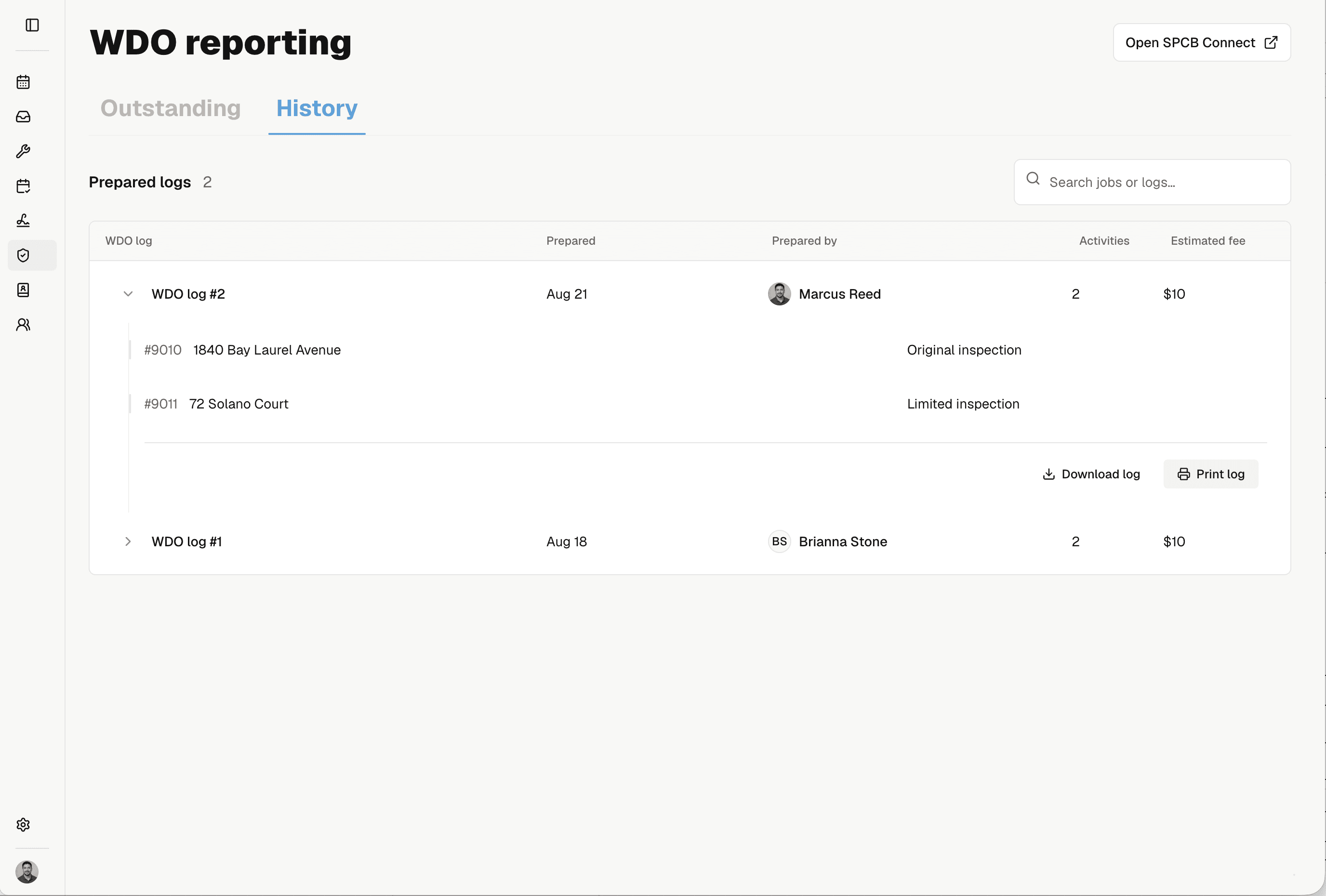 WDO log history with preparer names, included jobs, and download and print actions