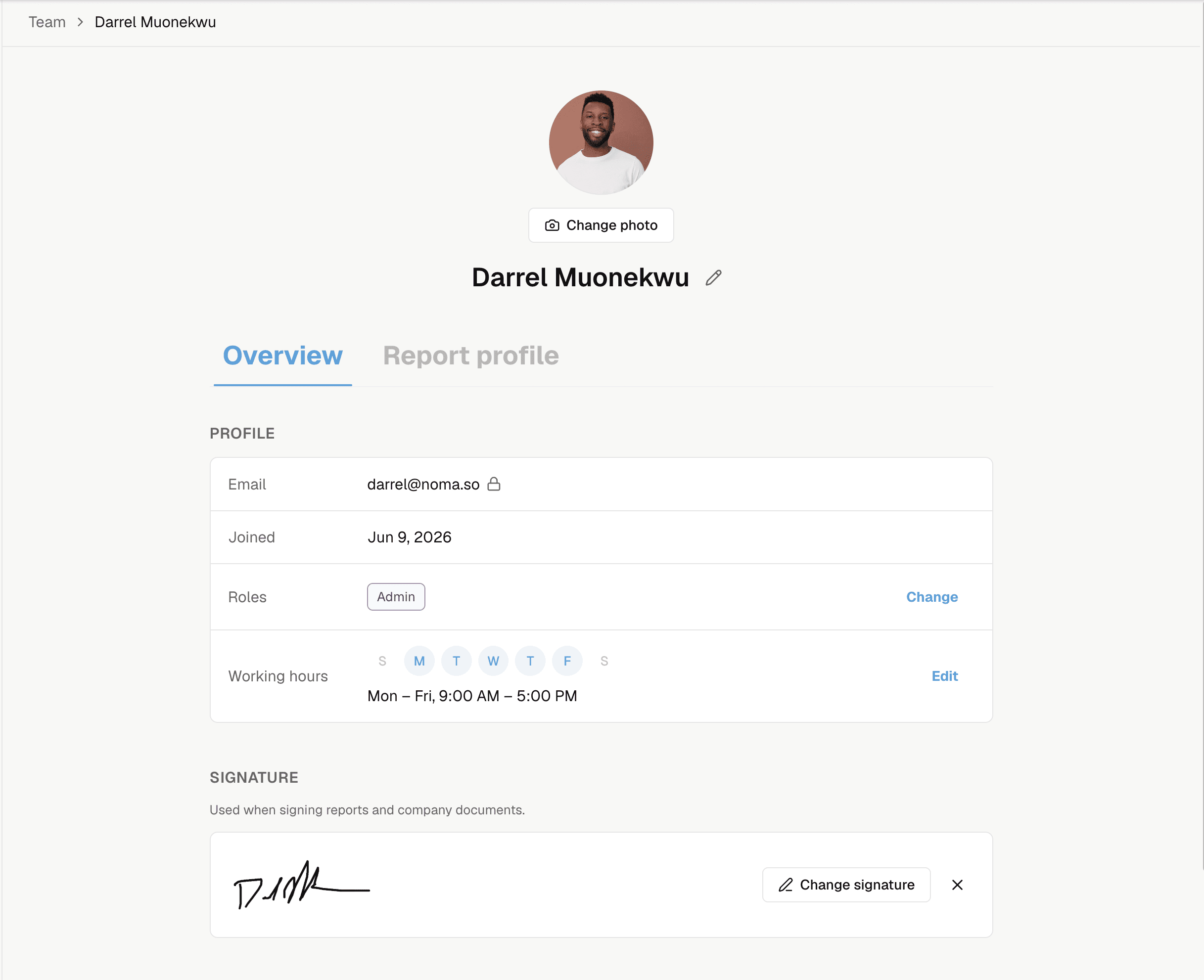Noma team member profile with a role and working hours